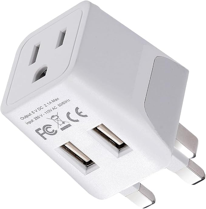 Ceptics UK adapters for Travel to London, Hong Kong, Ireland - Dual USB-A & USA Input - Type G Adapter Grounded - Ideal for Phone, Laptop, Cameras