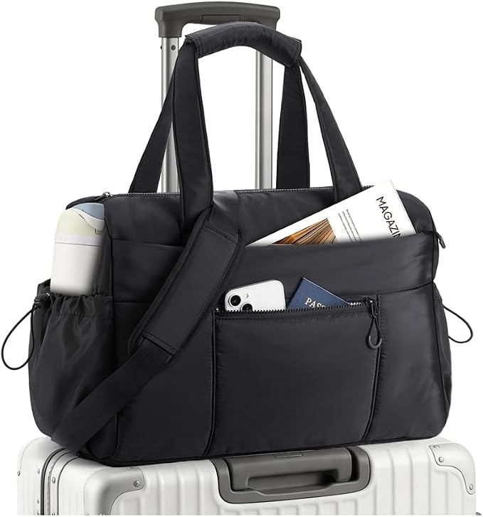 TOPEAST Weekender Bag for Women, Lightweight Puffer Travel Duffle Carry On Bag with Wet Pocket & 40oz Tumbler Pocket, Airline Approved Personal Item Overnight Bag, Black, Large