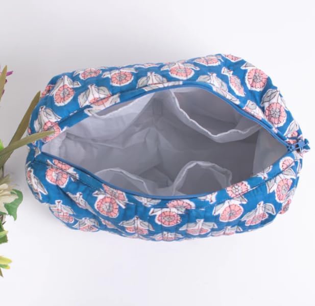 Block Print Designer Toiletry Bag & Makeup Case - Boho Floral Quilted Pouch for Cosmetics, Skincare - Waterproof Lined Organizer for Diaper Bag, Purse, Travel, Gift, Pencils (medium size 8pcs)