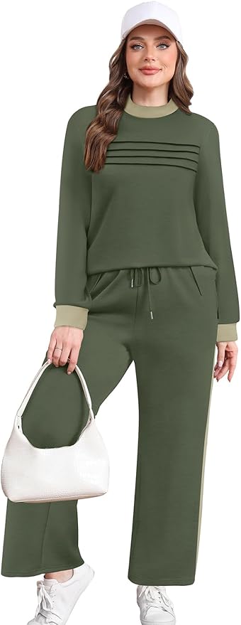 WIHOLL Two Piece Sets for Women Spring Travel Vacation Outfits 2026 Long Sleeve Lounge Sets Side Slit Wide Leg Pants S-3XL