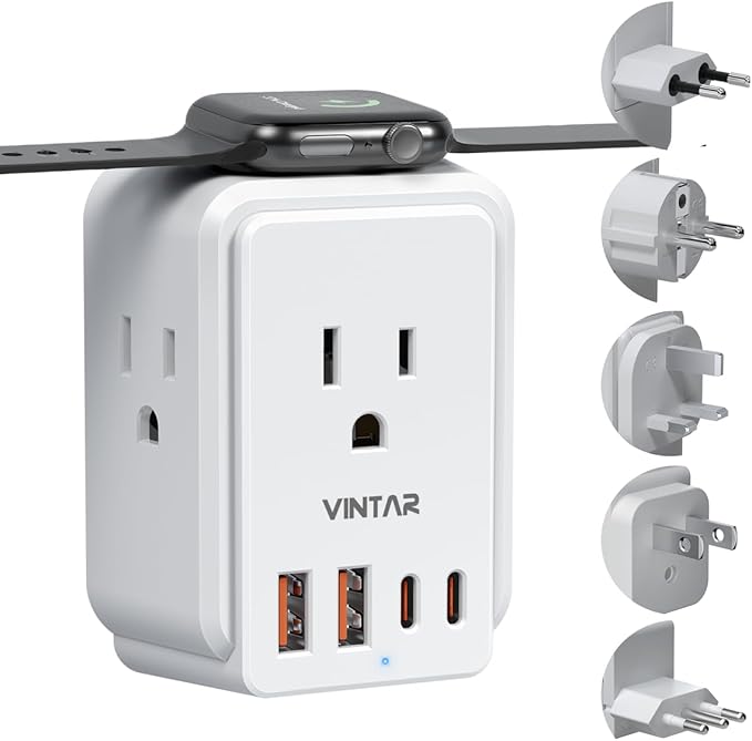 European Travel Plug Adapter Kit, VINTAR International Power Adapter for Apple Watch Charger with 3 AC Outlets 4 USB Ports (2 USB C), Type A/C/G/E/F/L Detachable Plugs, US to Europe UK Italy Spain