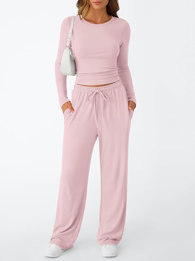 Trendy Queen Women's 2 Piece Matching Lounge Set Long Sleeve Side Ruching Top Wide Leg Drawstring Pants Set with Pockets