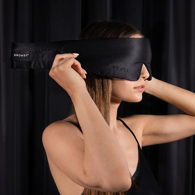 DROWSY Silk Sleep Mask Set - Face-Hugging, Padded Silk Cocoon for Luxury Sleep in Total Darkness - Eye Masks for Sleeping & Travel, 100% Pure Mulberry Silk, Adjustable - Black Jade (Set of 2)