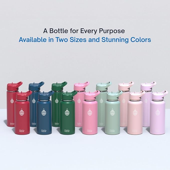 Clearly Filtered Water Bottle | Removes 220+ Contaminants, Double-Wall Insulated Stainless Steel, BPA/BPS Free, Phthalate Free, Filters Flouride Lead Chlorine (32oz, Bubble Gum)