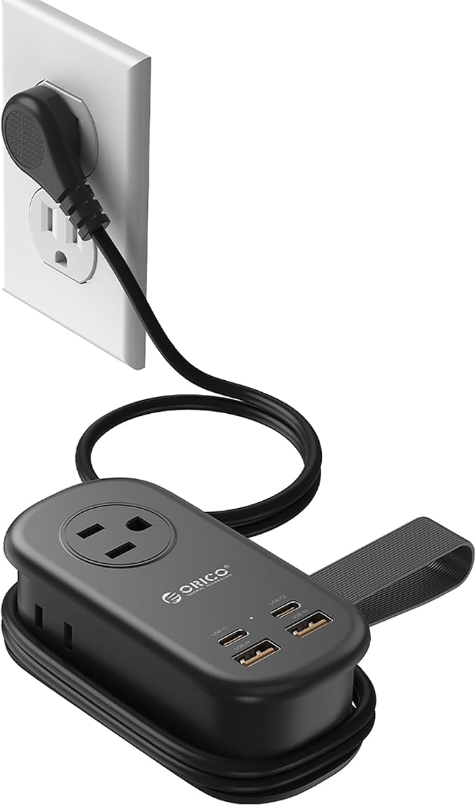 ORICO Travel Power Strip, 65W GaN Charging Station with 3 Outlets & 4 USB Ports (2 USB C), 4FT Flat Plug Extension Cord with Wraparound Design, Compact USB C Charger for Cruise Home Office Dorm Laptop
