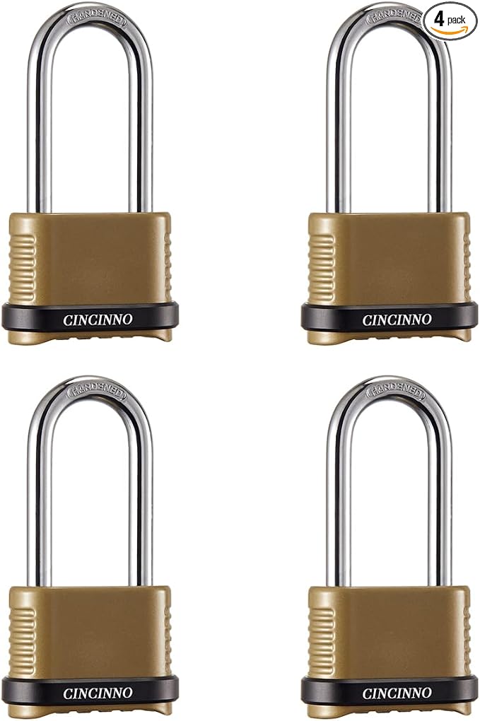 CINCINNO Heavy Duty Combination Lock, 4-Digit Combo Lock with Long Shackle,Weatherproof Combination Padlock for Outdoor Use,4 Pack