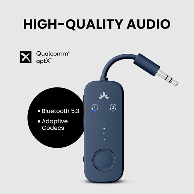 Avantree Relay - Premium Airplane Bluetooth Adapter with Advanced Qualcomm Chipset, 2 Headphones Support, 25hrs Play Time, aptX Adaptive & HD Audio Transmitter for Airpods, Bose & Travel Flight