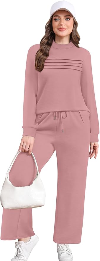 WIHOLL Two Piece Sets for Women Spring Travel Vacation Outfits 2026 Long Sleeve Lounge Sets Side Slit Wide Leg Pants S-3XL