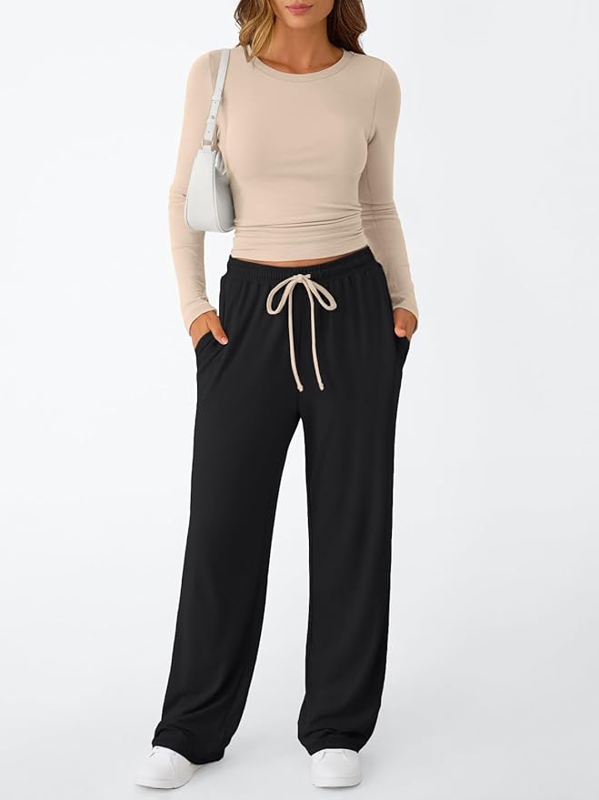Trendy Queen Women's 2 Piece Matching Lounge Set Long Sleeve Side Ruching Top Wide Leg Drawstring Pants Set with Pockets