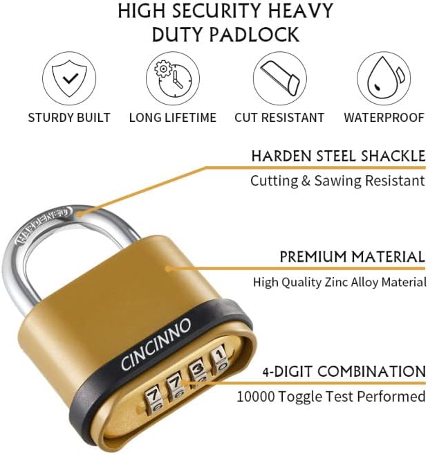CINCINNO Heavy Duty Weatherproof Combination Lock, 4-Pack Outdoor Combo Lock,Resettable Combination Padlock for Gate,Shed,Storage Unit