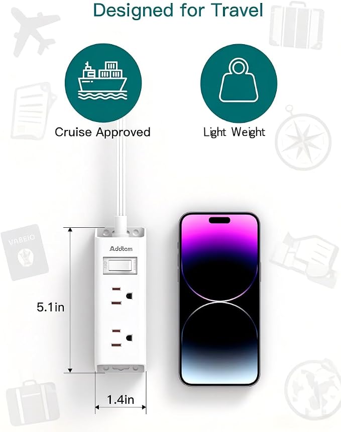 Addtam Flat Plug Power Strip with 6 Outlet Extender, 6 FT Extension Cord Flat Wall Plug with Multiple Outlets, No Surge Protector for Cruise Ship, Travel, Dorm, Home Office, Cruise Essentials, White