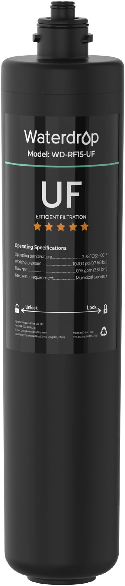 Waterdrop RF15-UF 0.01 μm Water Filter Replacement for Waterdrop 15UA/15UA-UF/15UB/15UB-UF/15UC/15UC-UF Under Sink Water Filter, Reduces Lead, Chlorine, Bad Taste & Odor, 2 Years