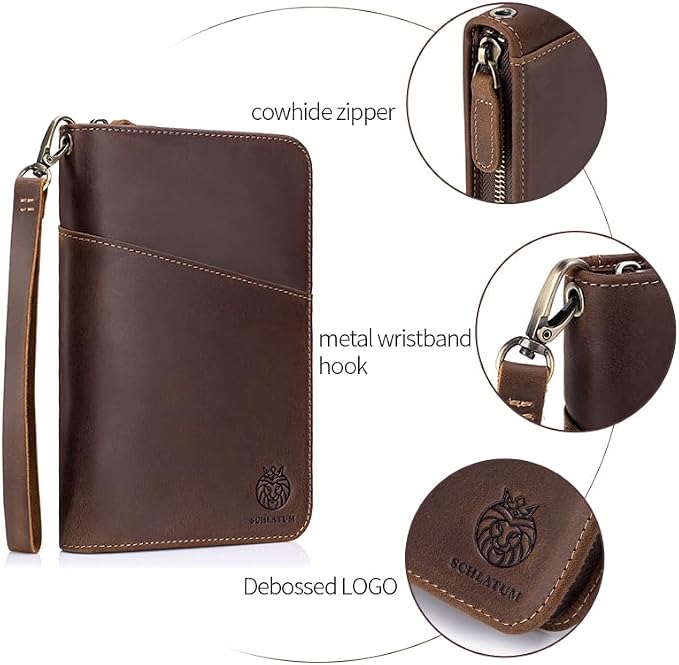 Leather Family Passport Holder RFID Blocking Vintage Zipper Large Capacity Travel Wallet with 6 Passport Slots & Wristlet, Brown