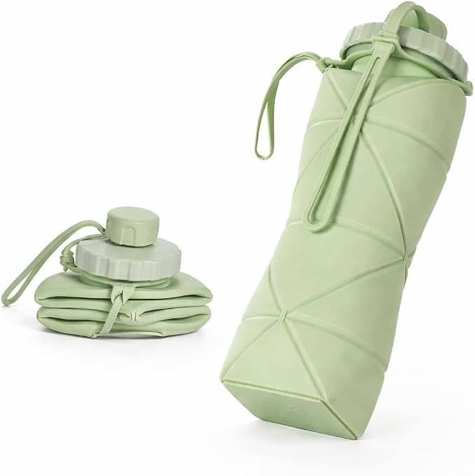 Folding Silicone Water Bottle | Collapsible Travel Water Bottle for Gym, Office, School, Cycling, Hiking & Outdoor Sports | Leak-Proof, Portable Bottle | 600 Ml (Green)