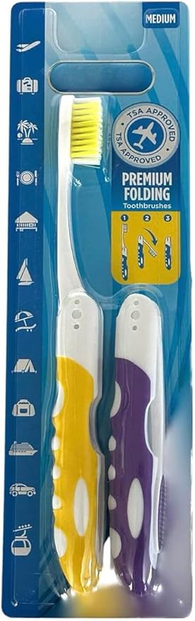 Pack of 2pc Comfort Hold Travel Toothbrush On The Go Folding Medium Bristle Brushes Compact Size Ergonomic Foldable Tooth Brush Camping Gym School Locker Backpack TSA Approved - Assorted Colors