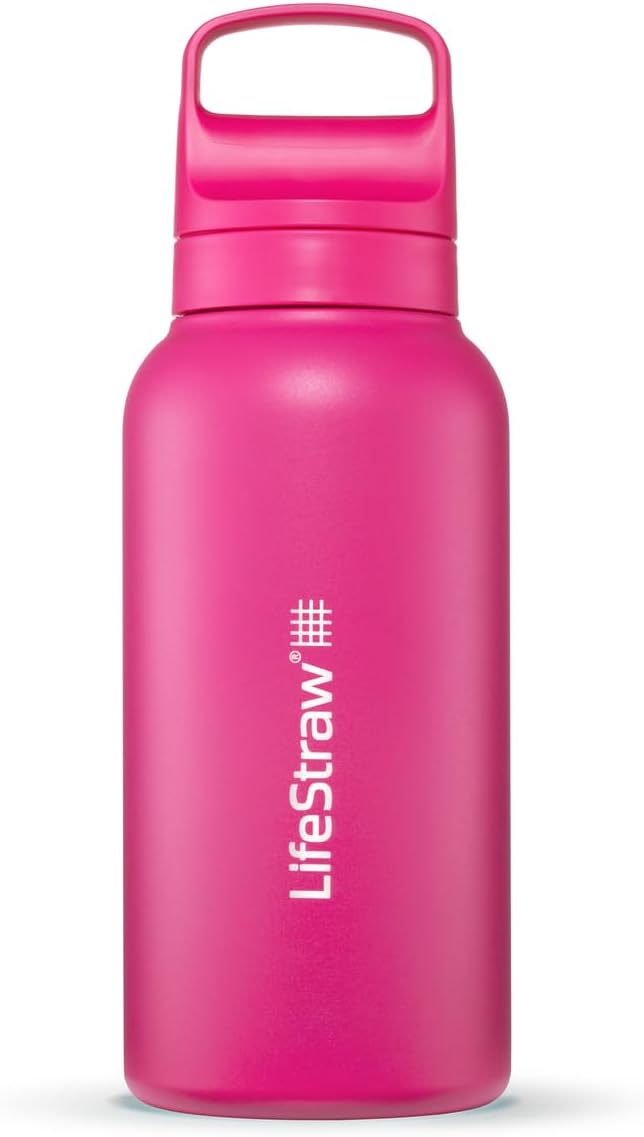 LifeStraw Go Series — Insulated Stainless Steel Water Filter Bottle for Travel and Everyday Use removes Bacteria, Parasites and Microplastics, Improves Taste, 1L, Orchid Pink