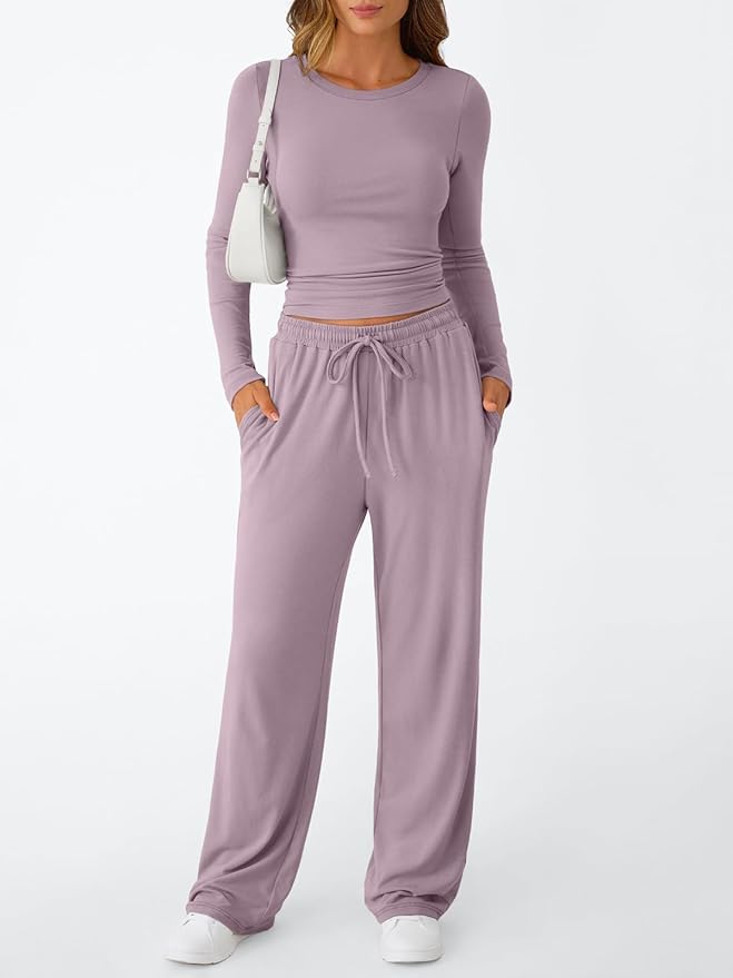Trendy Queen Women's 2 Piece Matching Lounge Set Long Sleeve Side Ruching Top Wide Leg Drawstring Pants Set with Pockets