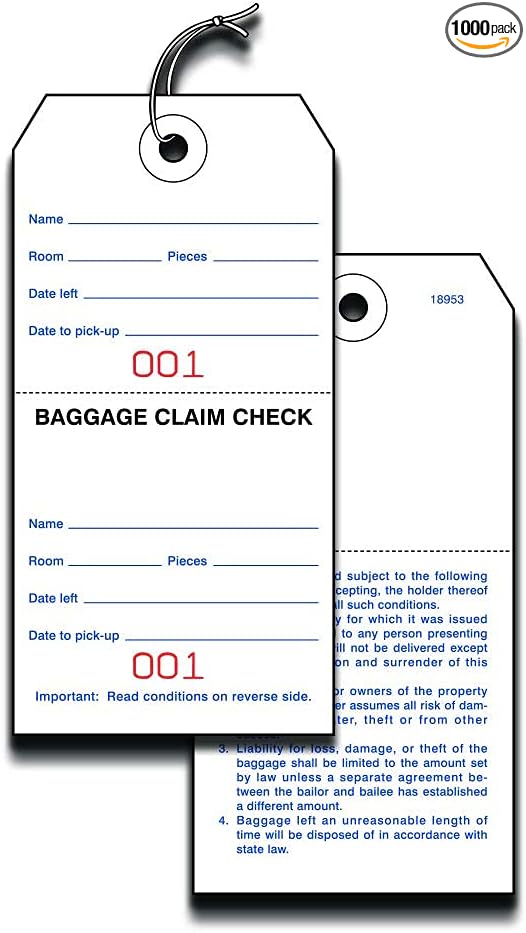 Hotel Luggage Claim Tags with Tear-Off Claim Ticket, Numbered Disposable Baggage Tags for Hotels, Valet, Concierge, Bell Desk & Guest Bag Storage – 1,000 Pack