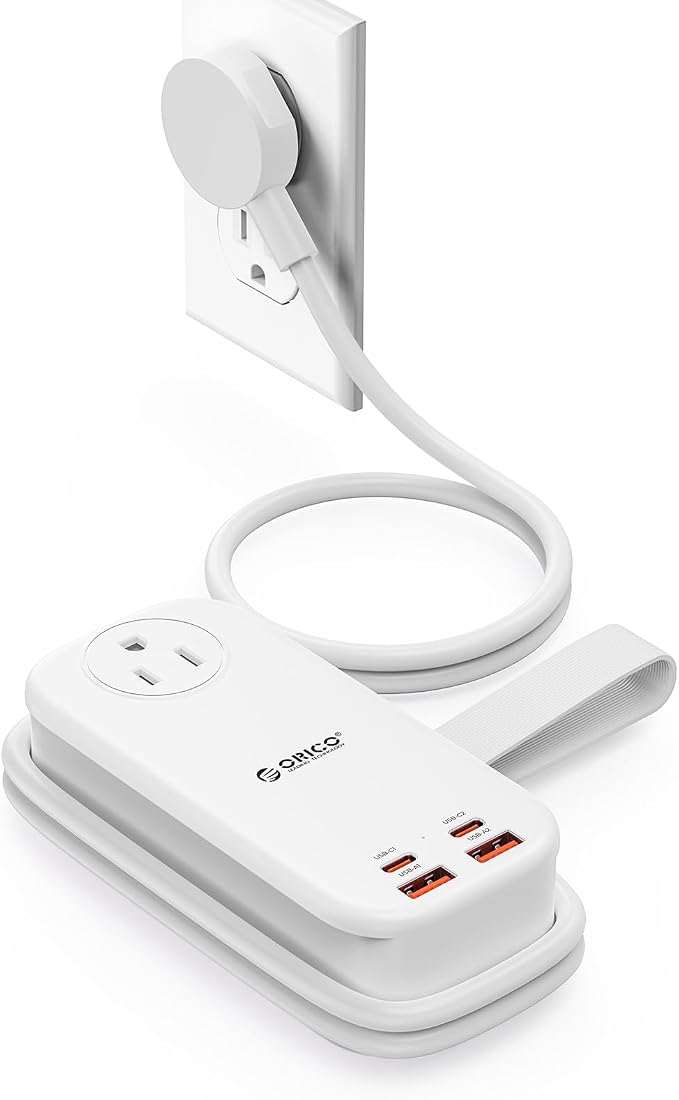 ORICO 100W GaN Power Strip for Laptop, 6 in 1 Multiple Outlets Extension Cord(2 AC Outlets, 2 USB-A, 2 USB-C Ports), 5ft Wrapped Flat Plug for Travel/Office ETL Listed
