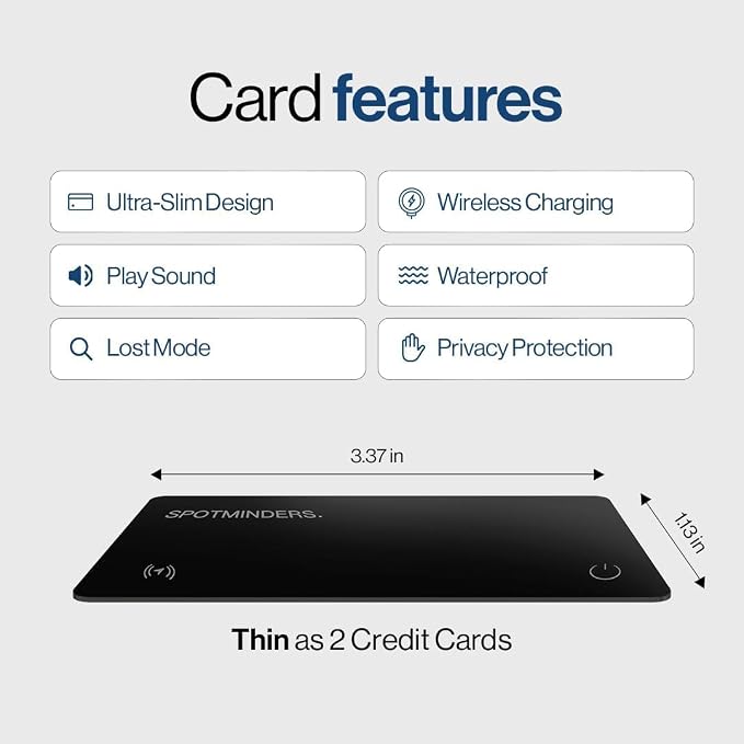 SPOTMINDERS Apple MFi Certified Wallet Tracking Card Black 4-Pack Travel Gifts for Him Works with Apple Find My Rechargeable Tracker IP68 Waterproof 0.07" Slim iPhone Item Finder for Luggage Passport