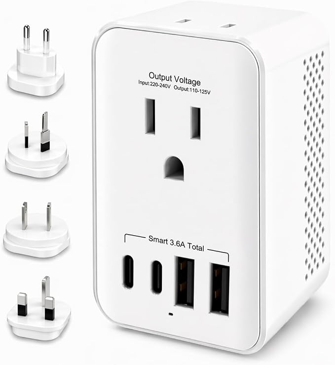 1200W Travel Voltage Converter 220V to 110V US to Europe, International Universal Travel Plug Adapter Kit with USB-C & USB-A for Hair Tools and US Devices (EU/UK/AU)