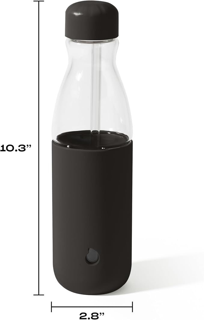 S'well Glass Original Water Bottle With Straw, 18oz, Onyx, Borosilicate Glass Bottle With Collapsible Glass Straw And Silicone Sleeve, Zero Plastic, Leakproof, BPA Free