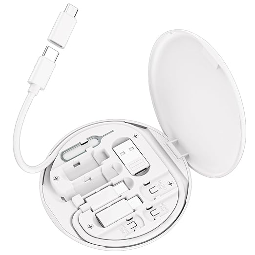 Multi USB Charging Adapter Cable Kit, C to iOS Device Cable Box, Conversion Set USB A & Type C to Male Micro/Type C/iOS Device, Data Transfer, Card Storage, Tray Eject Pin, Phone Holder (White)