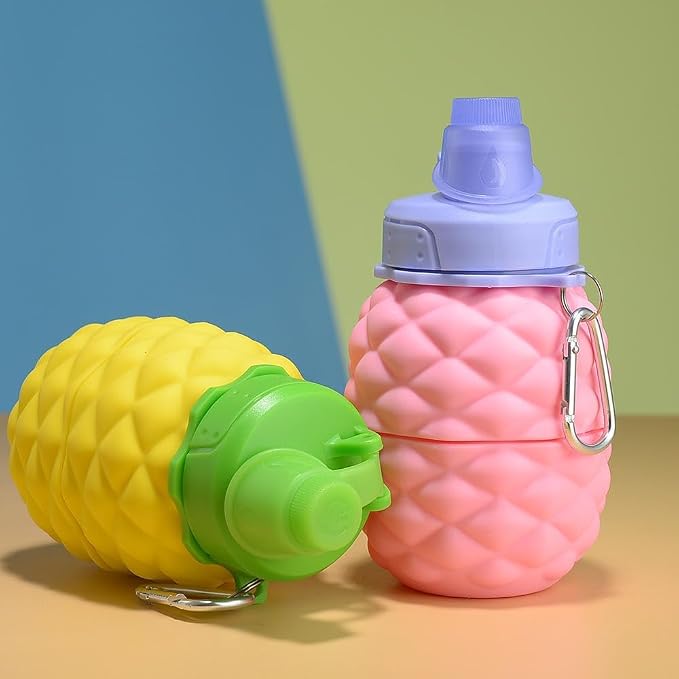 Collapsible Silicone Water Bottle || 600 ML Folding Water Bottle With Straw And Hook || Portable Water Bottle For Hiking, Camping, Sports, Road Trips, Outdoor (Pack Of 1) (Pineapple Shape)