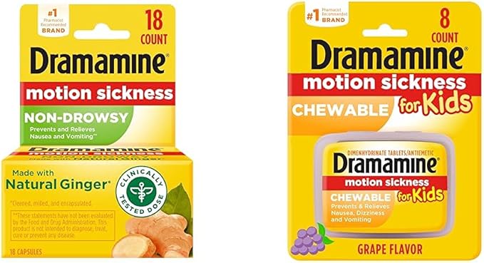 Dramamine Non-Drowsy, Motion Sickness Relief, Made with Natural Ginger, 18 Count & Kids Chewable, Motion Sickness Relief, Grape Flavor, 8 Count