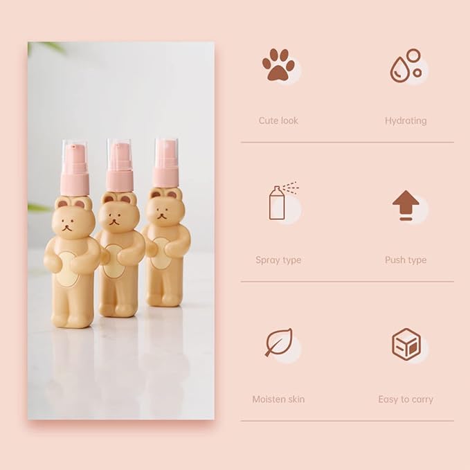 Naroote Bear Spray, Set of Cute Bear Look Delicate Bottles with Storage Bag Bathroom Sets Accessories Spray Bottle Bag Silicone Squeeze, Travel Bottles For Toiletries