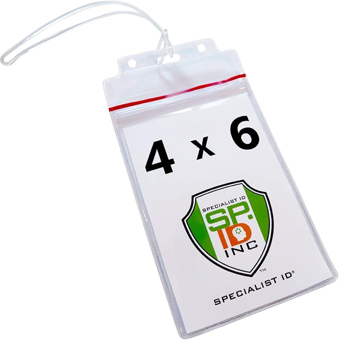 5 Pack - Extra Large Luggage Tags - Clear 4x6 Heavy Duty Cruise Ship I'd Tag/Golf Bag Travel Document Holder w/ 9" Plastic Loop - Waterproof Immunization Card Zip Pouch for Backpack by Specialist ID