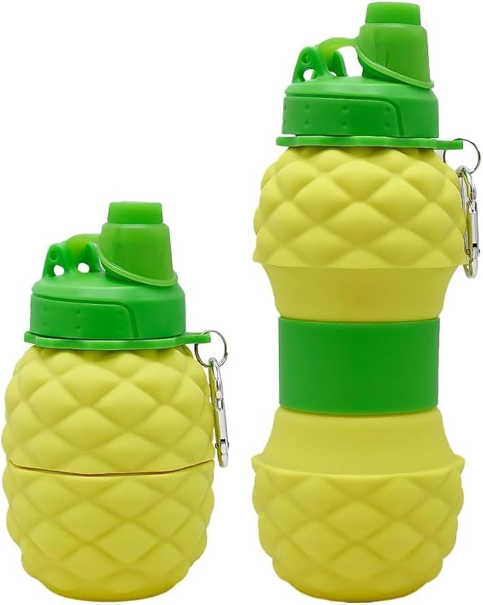 Pineapple Design Silicone Collapsible Water Bottles, Portable Sports Bottle with Carabiner Clip, Leak Proof, BPA Free Sippy Straw 550 ml (Pack of 1) (Pineapple bottle)