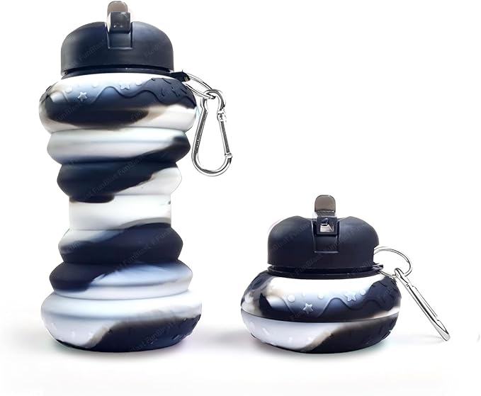 Collapsible Silicone Water Bottle || 600 ML Folding Water Bottle With Straw And Hook || Portable Water Bottle For Hiking, Camping, Sports, Road Trips, Outdoor (Pack Of 1) (Donut Shape)