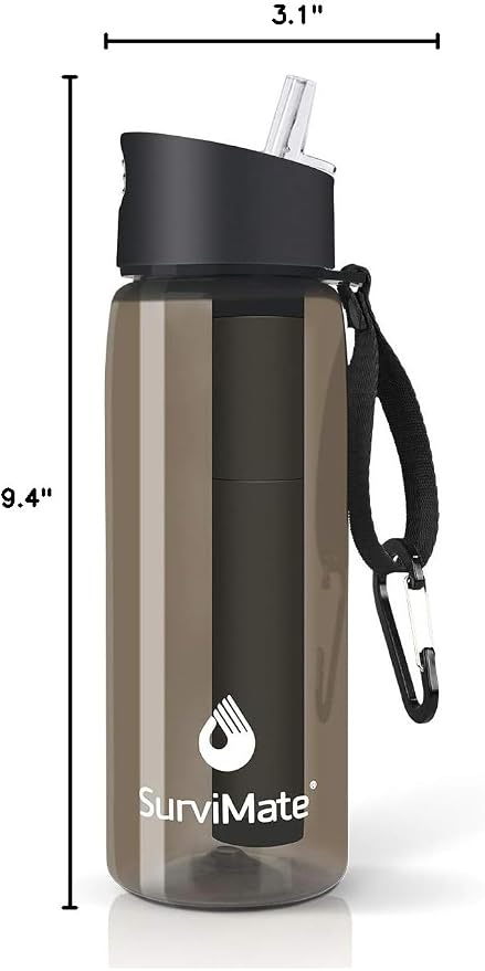 Survimate 5-Stage 0.01μm Ultra-Filtration Filtered Water Bottle, BPA-Free Material, NSF/ANSI 42 Certified, Portable Water Filter Bottle for Survival, Camping, Hiking, and Emergency Use