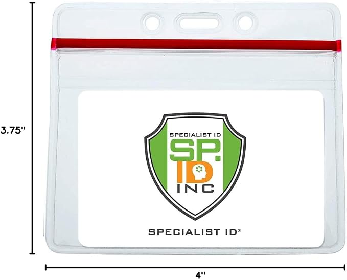 5 Pack - Heavy Duty Badge Holder Horizontal with Resealable Zip Top - Clear Plastic Waterproof i’d Card Protector - Top Load Pouch w/Lock Zipper Closure for Office, Travel, & Nurses by Specialist ID