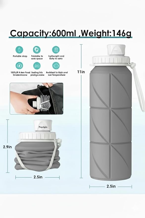Folding Silicone Water Bottle | Collapsible Travel Water Bottle for Gym, Office, School, Cycling, Hiking & Outdoor Sports | Leak-Proof, Portable Bottle | 600 Ml (Grey)