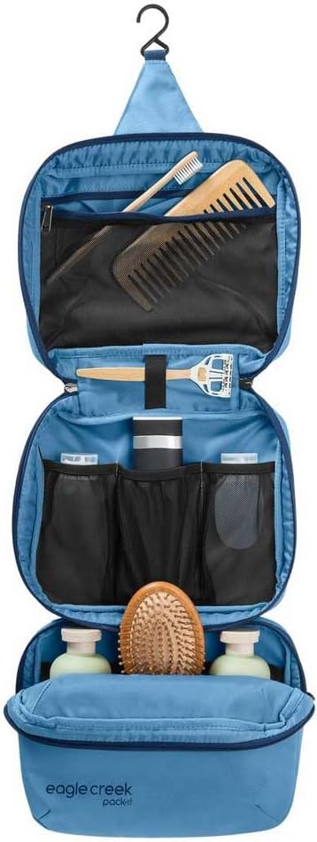 Eagle Creek Pack-It Trifold Toiletry Kit - Dopp Kit Toiletry Organizer with Padded Interior, Durable Hanging Hook & Large Compartments - Water Resistant & Washable - Blue Dawn