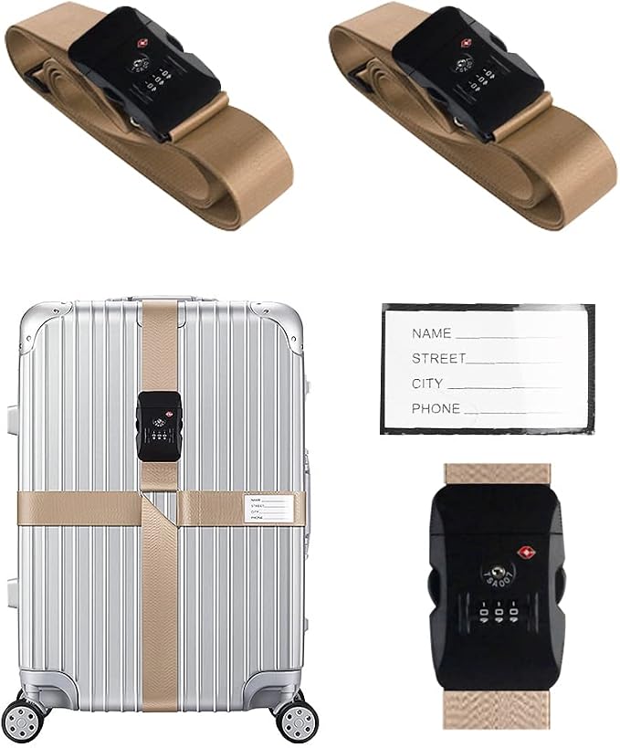 Veki Cross Luggage Straps Set TSA Approved with Lock Adjustable Travel Suitcase Belts Suitcase Tags with Name ID Card Packing Straps for Suitcases Strap Travel Accessories (Khaki*2pcs)
