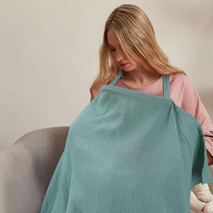 Haleeone Muslin Nursing Cover for Breastfeeding, Privacy Breathable Breastfeeding Cover with Arch Neckline for Mom, 100% Cotton Nursing Apron, Green