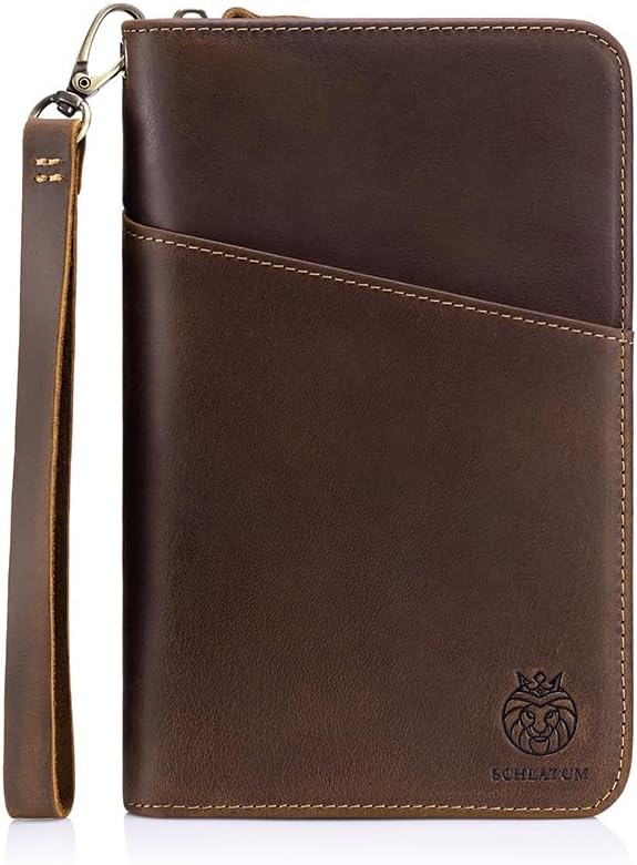 Leather Family Passport Holder RFID Blocking Vintage Zipper Large Capacity Travel Wallet with 6 Passport Slots & Wristlet, Brown