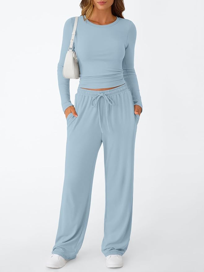 Trendy Queen Women's 2 Piece Matching Lounge Set Long Sleeve Side Ruching Top Wide Leg Drawstring Pants Set with Pockets