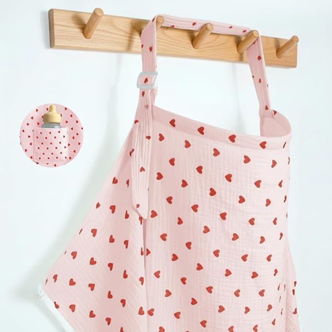Muslin Nursing Covers for Breastfeeding, Arch Neckline Breast Feeding Covers for Women, Moms Privacy Breathable Summer Nursing Apron,Enlarged Soft Feeding Cover (Blush Red Heart)
