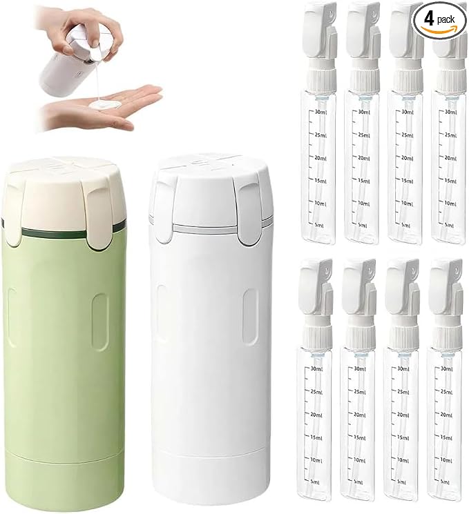 Travel Dispenser, 4 in 1, 30ML Leak Proof Bottles for Toiletries, Portable Containers for Shampoo, Lotion, Conditioner, Cream, White and Green, 4 Pack