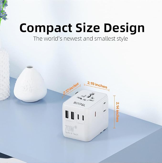 7 in 1 World International Travel Plug Adapter - Powerful GaN Tech 70W with 3X USB-C and 2 USB-A Ports Cruise Approved, Universal Travel Adapter 100V 250V A/C, EU US UK AUS Asia