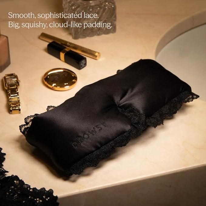DROWSY Silk Sleep Mask. Face-Hugging, Padded Silk Cocoon for Luxury Sleep in Total Darkness, Black Lace, 1 Count (Pack of 1)