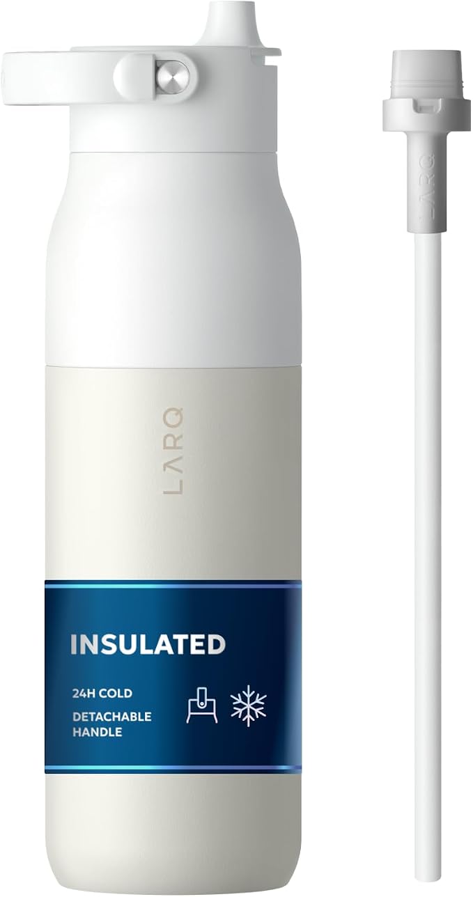 LARQ Swig Top — Insulated Stainless Steel Water Bottle with Straw, Detachable Silicone Handle, Vacuum 24h Cold, BPA-Free Metal Bottle for Gym, Travel, Office, Wide Mouth for Ice — 23 oz, Granite White