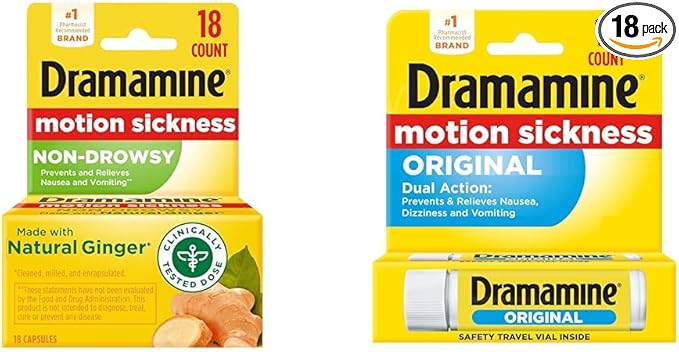 Dramamine Motion Sickness Relief Bundle with Non-Drowsy Ginger Capsules, 18 Count and Original Tablets Travel Vial, 12 Count