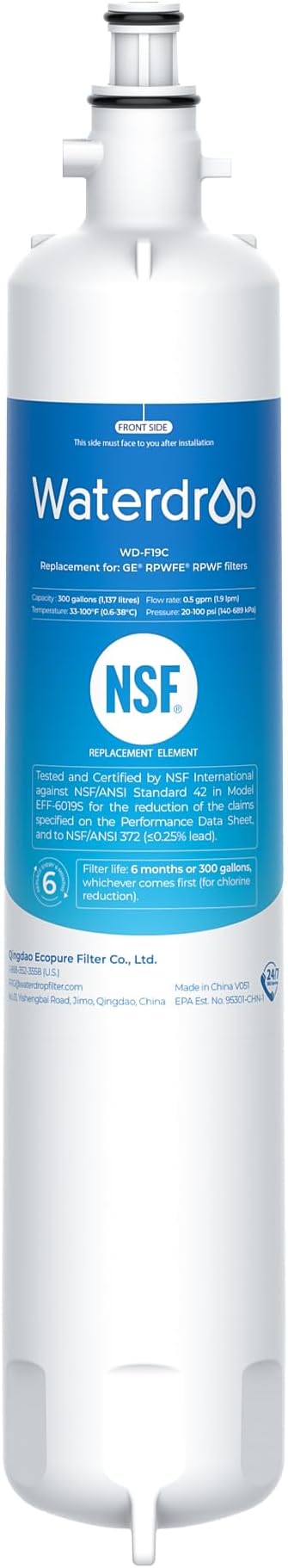 Waterdrop WD-F19C Replacement for GE® RPWFE®, RPWF (Built-in CHIP) Refrigerator Water Filter, Compatible with GFE28GYNFS, GFE28GELDS, PFE28KELDS, PFE28KYNFS, GFD28GELDS, PWE23KELDS