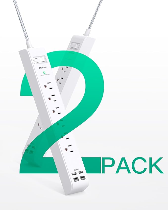 2 Pack Power Strip, Extension Cord 3FT, Surge Protector with 6 Outlets and 4 USB Ports (2 USB C), Flat Plug Overload Protection, Extension Cord with Multiple Outlets, Wall Mount for Home Dorm College