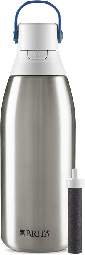 Brita Insulated Filtered Water Bottle with Straw (32 Ounce) and Water Filter Replacements (6 Count)